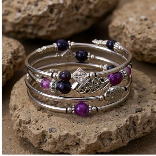Boho Wrap Beaded Bracelet for Women – Handmade Natural Stone Jewelry – Stainless Steel Adjustable Ethnic Chic Gift - color: Purple Striped Agate