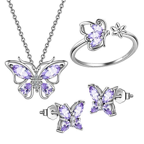 925 Sterling Silver Birthstone Butterfly Jewelry Women Crystal Animal Cute Butterflies Birthday Necklace/Earring/Ring/Bracelet Sets Birth Stone Statement Anniversary Jewellery - color: 2-F.June-Alexandrite