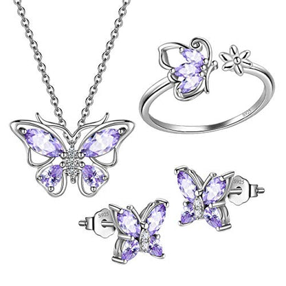 925 Sterling Silver Birthstone Butterfly Jewelry Women Crystal Animal Cute Butterflies Birthday Necklace/Earring/Ring/Bracelet Sets Birth Stone Statement Anniversary Jewellery - color: 2-F.June-Alexandrite