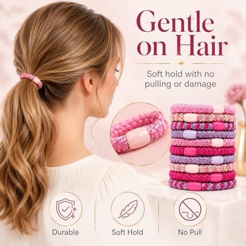 10-Piece Hair Ties: Soft Knitted Hair Tie for Thick/Coarse/Curly Hair. Gentle Hair Ties No Damage—Secure & Protect Strands (Pink) - color: Pink