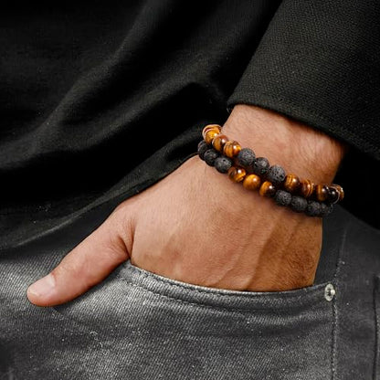 M MOOHAM Mens Bracelet - Beaded Natural Stone 8mm Tiger Eye Matte Agate Lava Rock Bracelets for Men Teen Boys Grandpa Dad Birthday Gifts Jewelry - style: " Tiger eye&Lava Rock Bracelets