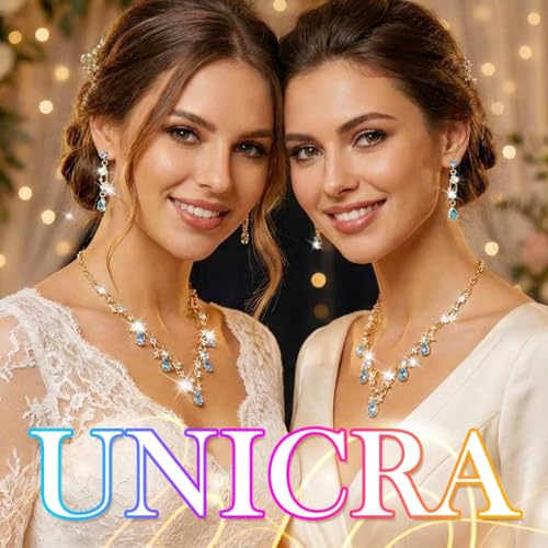 Gold Rhinestone Jewelry Set Bridal Wedding Necklace Earrings Sets Prom Formal Costume Jewelry for Women and Brides - color: Light Blue