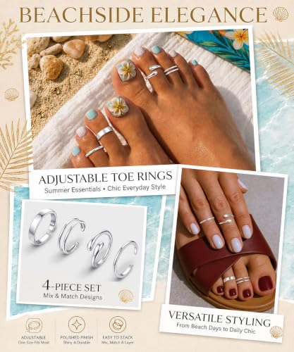 4Pcs Toe Rings for Women Non Tarnish 14K Gold Filled Toe Ring Adjustable Flower CZ Band Wave Dainty Toe Ring Summer Beach Open Toe Rings Set Waterproof Toe Jewelry Foot Jewelry - color: Silver toe rings double row