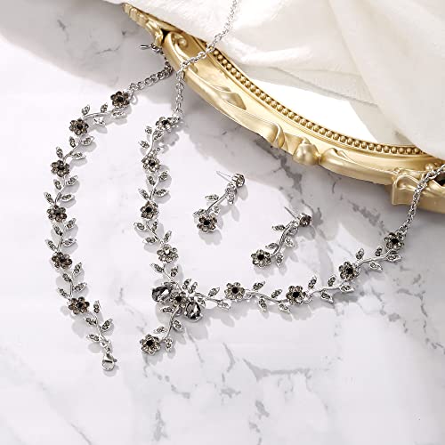 Women's Wedding Jewelry Set for Bride,Prom Bridal Accessories | Bling Crystal,Flower Leaf Cluster,Dangle Earrings Pendant Necklace Set,for Bridesmaid,Party Jewellery - color: 3Pcs-Grey Silver-Tone