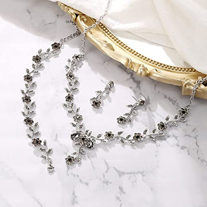 Women's Wedding Jewelry Set for Bride,Prom Bridal Accessories | Bling Crystal,Flower Leaf Cluster,Dangle Earrings Pendant Necklace Set,for Bridesmaid,Party Jewellery - color: 3Pcs-Grey Silver-Tone