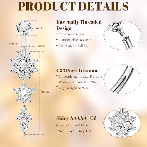 14G G23 Titanium Dangle Belly Button Rings for Women CZ Round Belly Rings Internally Threaded Flower Navel Ring Hypoallergenic Curved Barbell Belly Piercing Jewelry - style: Flower-Silver