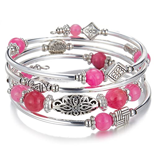 BULINLIN Layered Wrap Bangle Turquoise Bracelet - Bead Bracelet with Natural Agate Stone, Gifts For Women - color: 03-Hot pink