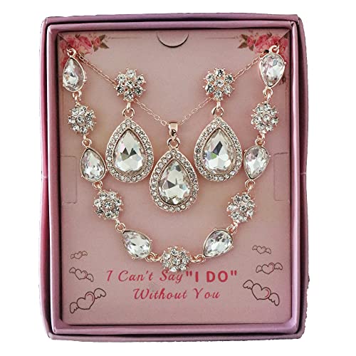 Bridesmaid Jewelry Set for Women,Pendant 18K Gold & Silver & Rose Gold Pendant Necklace Earrings Bracelet Set,Dainty Gift for Wedding/Proposal/Party/Anniversary - color: ROSE GOLD - 8 SETS