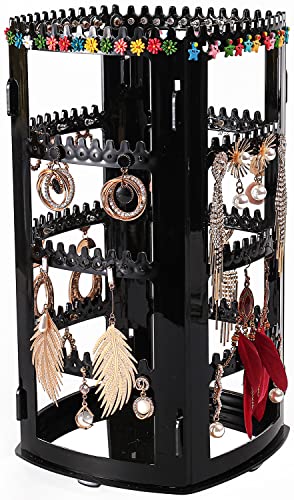 Sooyee 360 Rotating Earring Holder and Jewelry Organizer, Black | 4 Tiers, 156 Holes and 160 Grooves, For Necklaces Earrings Piercings, Classic Stand - color: Black
