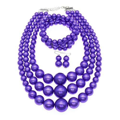 JNF Faux Pearl Statement Necklaces Big Beaded Necklace for Women Chunky Pearls Necklace and Earring Set Large beads Costume Necklace - color: Purple pearl necklace