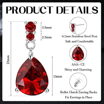 JOERICA 9 Pairs Stainless Steel CZ Dangle Earrings for Women Crystal Teardrop Earrings Set Multicolor Cubic Zirconia Birthstone Drop Earrings
