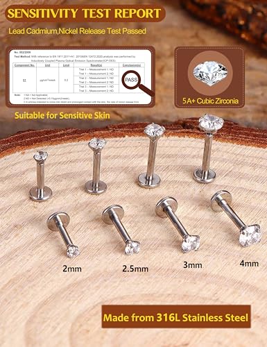 LOLIAS 16G 18G Flat Back Earrings Studs-Hypoallergenic Surgical Stainless Steel Cartilage Earring for Women Internally Threaded Cubic Zirconia Nose Stud Lip Medusa Tragus Helix Piercing Jewelry - color: 18G-2/2.5/3/4mm CZ-Steel Tone