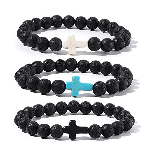 8MM Ornament Lava Volcanic Stone Beads Turquoise Cross Elastic Stretch Bracelet Religion Bangle for Women Men - color: 3 colors