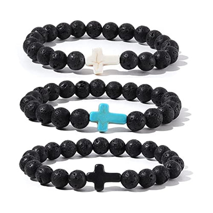 8MM Ornament Lava Volcanic Stone Beads Turquoise Cross Elastic Stretch Bracelet Religion Bangle for Women Men - color: 3 colors