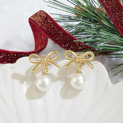 YOQUCOL Golden Bow Clip On Stub,Danle Drop Earrings for Women Simulated Pearl Christmas Xmas Bowknot Non Pierced Earrings - color: Dangle Clip-03