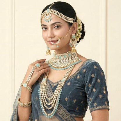 Aheli Traditional Wedding Indian Bharatanatyam jewellery set Long Choker Necklace Earrings Maang Tikka Nath Paasa Hath Phool for Women - color: Sky Blue
