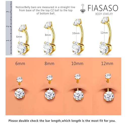 14G Surgical Steel G23 Titanium Sterling Silver 14K Gold Plated Belly Button Rings for Women Round Cubic Zirconia Navel Barbell Stud Hypoallergenic Body Piercing Jewelry - color: 14K Gold Plated, size: 12mm-Loose