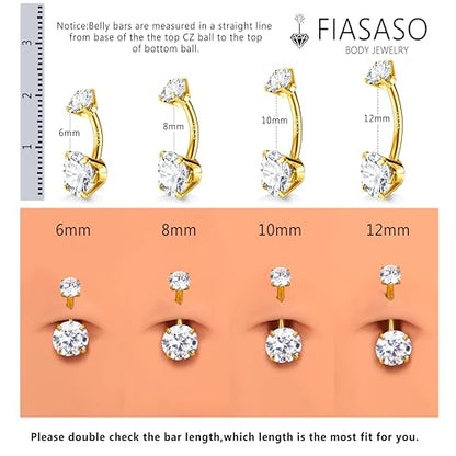 14G Surgical Steel G23 Titanium Sterling Silver 14K Gold Plated Belly Button Rings for Women Round Cubic Zirconia Navel Barbell Stud Hypoallergenic Body Piercing Jewelry - color: 14K Gold Plated, size: 12mm-Loose