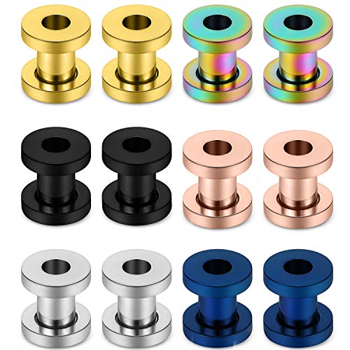 Lcolyoli Screw Fit Ear Gauges Kit Surgical Steel Tunnel Expander Earrings Earlobe Plugs Body Piercing Jewelry Set for Women Men 14G-00G 12 Pieces - style: e: 12Pcs-6 Colors-4G