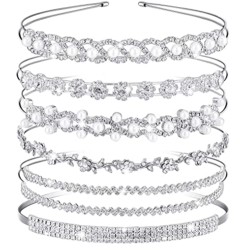 MTLEE 6 Pcs Rhinestone Headband Wedding Headbands for Bride Diamond Faux Pearl Headpiece Crystal Flower Leaves Crown Headdress Silver Rhinestones Princess Accessories for Women Bridal Birthday Party