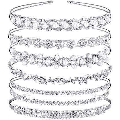 MTLEE 6 Pcs Rhinestone Headband Wedding Headbands for Bride Diamond Faux Pearl Headpiece Crystal Flower Leaves Crown Headdress Silver Rhinestones Princess Accessories for Women Bridal Birthday Party