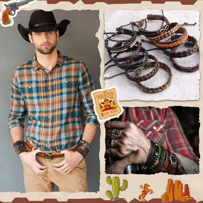 Equsion 50 Pcs Braided Leather Bracelets for Men Women Wrap Wooden Bead Cuff Bracelet Hemp Cords Ethnic Tribal Handmade Wrap Wristband Bracelets Set Adjustable for Personal Wearing