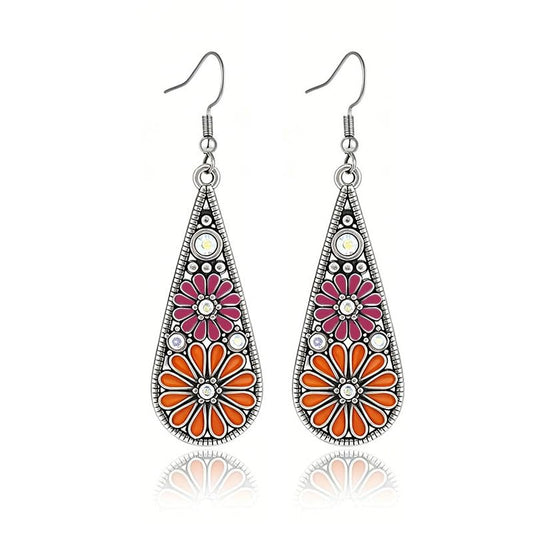 MALOYANVE Bohemian Crystal Teardrop Earrings for Women Vintage Tribal Geometric Enamel Rhinestone Hollow Flower Earring Handmade National Statement Jewelry Gift - color: Orange Silver