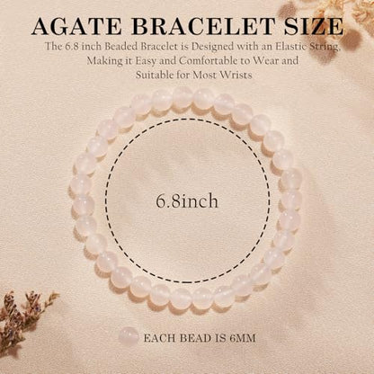 Agate Round Beaded Bracelet for Women Men Natural Agates Stone Healing Bracelets Stretch Elastic Handmade Polished Gemstone Beads Bracelet - color: White, size: 6mm Beads