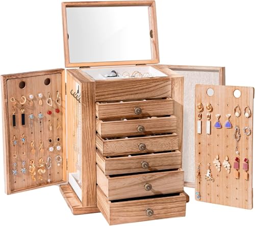 ProCase Large Jewelry Box, 7-Layer Wooden Jewelry Boxes for Women, Jewellery Holder Organixzer Storage Case with Mirror for Earrings Bracelet Necklace Watch Ring for Dresser -Natural - color: Natural, size: 7-Layer