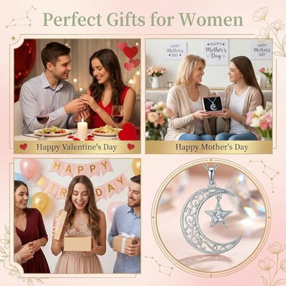 Moissanite Moon and Star Necklace 925 Silver Birthstone Gifts for Women | Sterling Silver Sun and Moon Pendant Elegant Jewelry Birthday Gifts for Wife Mom - color: A2:Moon and Star-Moissanite