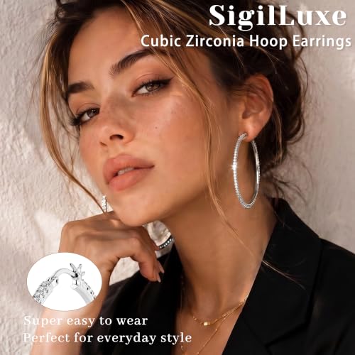 2MM S925 Sterling Silver Post Cubic Zirconia Hoop Earrings Hypoallergenic | 14K Gold Plated - color: Silver-60MM
