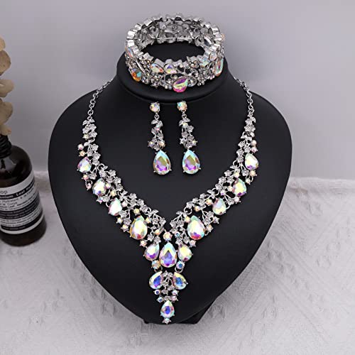 CSY Elegant Crystal Costume Jewelry Sets Flower Bridal Necklace Earrings Stretch Bangle Set for Bride Bridesmaid Wedding Dress Accessories - color: AB crystal
