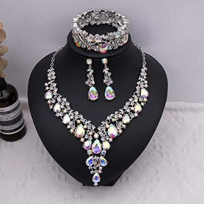 CSY Elegant Crystal Costume Jewelry Sets Flower Bridal Necklace Earrings Stretch Bangle Set for Bride Bridesmaid Wedding Dress Accessories - color: AB crystal
