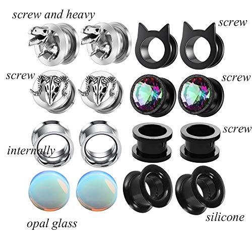TIANCI FBYJS 8 Pairs CZ Gems Ear Tunnels Plugs Gauges Stainless Steel Tyrannosaurus Expander Stretcher Piercings Opal Glass Silicone Black Dinosaur - style: 6mm=2g