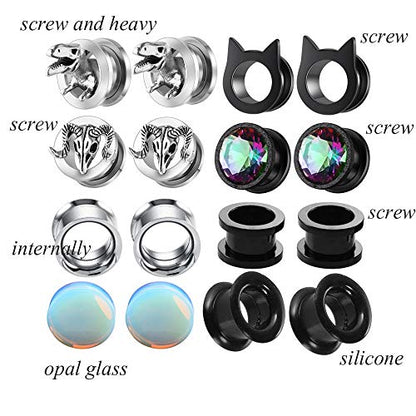 TIANCI FBYJS 8 Pairs CZ Gems Ear Tunnels Plugs Gauges Stainless Steel Tyrannosaurus Expander Stretcher Piercings Opal Glass Silicone Black Dinosaur - style: 6mm=2g