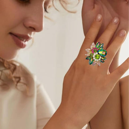 CSY Luxury Women's Austrian Crystal Leaves Flower Big Cocktail Statement Rings Stretch Adjustable Ring Jewelry Accessories - color: magic color