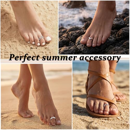 JFORYOU Toe Rings for Women Adjustable Open Toe Rings with Anklet Set CZ Flower Toes Ring for Summer Beach Foot Jewelry - color: 3pcs-silver toe rings Style B