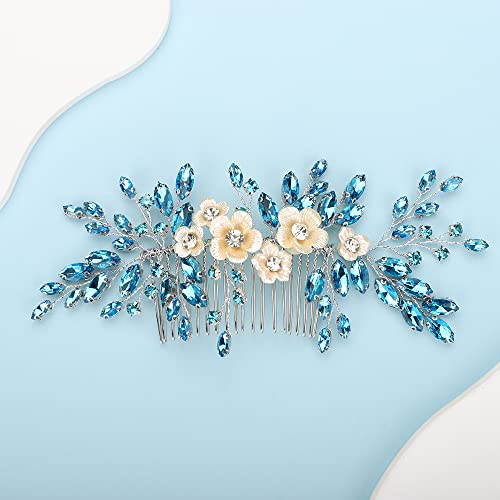 Bridal White Flower Light Blue Crystal Rhinestone Hair Comb for Bride Bridesmaid Sliding side Headpieces Wedding Hair Accessories for Women and Girls (Blue 1) - color: Blue 1