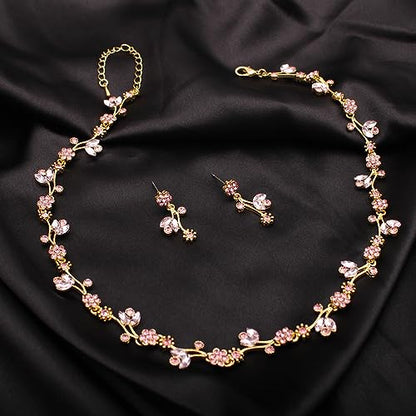 Elegant Brides Austrian Crystal Flower Choker Necklace Drop Dangle Earring Bracelet Wedding Jewelry Set for Bridesmaid Prom Costume Jewelry Set for Women - color: Pink-Gold Plated