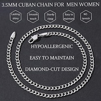 Fiusem 3.5mm Cuban Link Chains for Men, Silver Tone/Black/14K Gold Plated Stainless Steel Necklace Chain, Mens Necklace 16, 18, 20, 22, 24, 26, 28 Inch - size: 16 inches, style: a.3.5mm width-steel