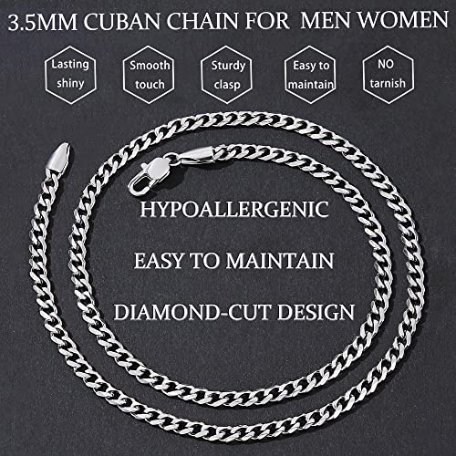 Fiusem 3.5mm Cuban Link Chains for Men, Silver Tone/Black/14K Gold Plated Stainless Steel Necklace Chain, Mens Necklace 16, 18, 20, 22, 24, 26, 28 Inch - size: 20 inches, style: a.3.5mm width-steel