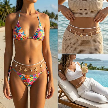 Gold Starfish Seashell Waist Chain Belt, 2Pcs Adjustable Layered Belly Chain, Boho Mermaid Pearl Body Chains, Shell Beaded Bikini Body Chains Mermaid Costume Accessories
