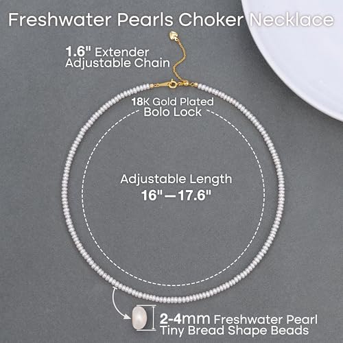 Pearls Necklace, Freshwater Tiny Small Pearls Necklace for Women's Pearl Strand Necklace Chain 18K Gold Plated Hypoallergenic White Necklace as Prom Bridesmaid Birthday Gifts - color: Bread Pearls, 18KGP Lock