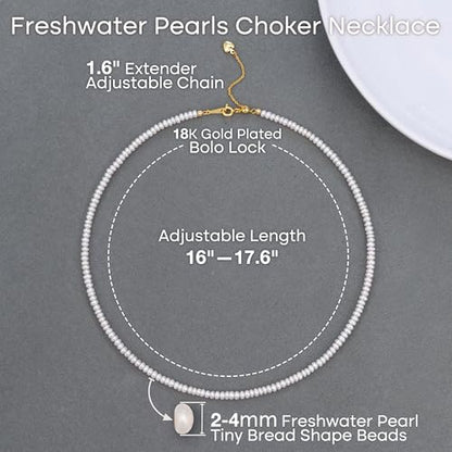 Pearls Necklace, Freshwater Tiny Small Pearls Necklace for Women's Pearl Strand Necklace Chain 18K Gold Plated Hypoallergenic White Necklace as Prom Bridesmaid Birthday Gifts - color: Bread Pearls, 18KGP Lock