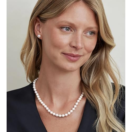 Sterling Silver Pearl Jewelry Set, 8mm Round Shell Pearl Choker Necklace & Stud Earrings, Hypoallergenic Pearl Jewelry with Velvet Pouch, Classic Pearl Accessories for Daily Wear, Wedding, Party & Gift for Women