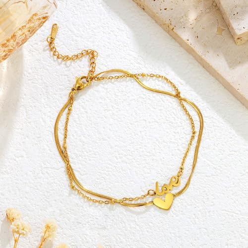 Dainty Gold Anklets for Women Stainless Steel Simple Ankle Bracelets Summer Beach Foot Chain Jewelry Gift - color: Double-layer Love Heart