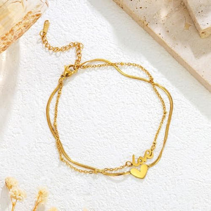 Dainty Gold Anklets for Women Stainless Steel Simple Ankle Bracelets Summer Beach Foot Chain Jewelry Gift - color: Double-layer Love Heart