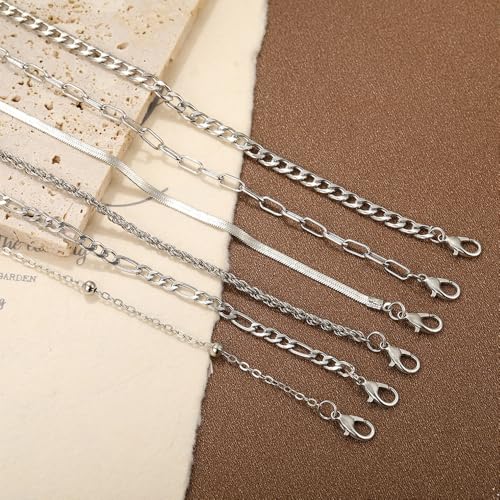Adjustable Waterproof Layered Bracelets for Women Summer Beach Cuban Link Chain Anklets Set Herringbone Paperclip Beaded Snake Chain Stackable Anklet Stainless Steel Jewelry Bracelet - color: 6PCS-Silver