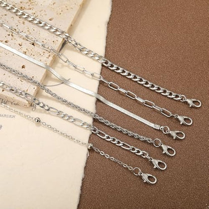 Adjustable Waterproof Layered Bracelets for Women Summer Beach Cuban Link Chain Anklets Set Herringbone Paperclip Beaded Snake Chain Stackable Anklet Stainless Steel Jewelry Bracelet - color: 6PCS-Silver