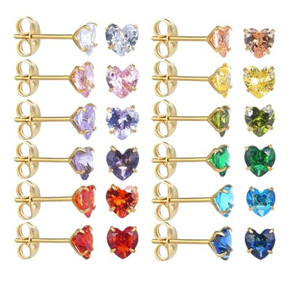 12 Pairs Surgical Stainless Steel Stud Earring Round Heart Star Square Cubic Zirconia Birthstone Stud Earrings Set for Women - color: Gold heart 4mm